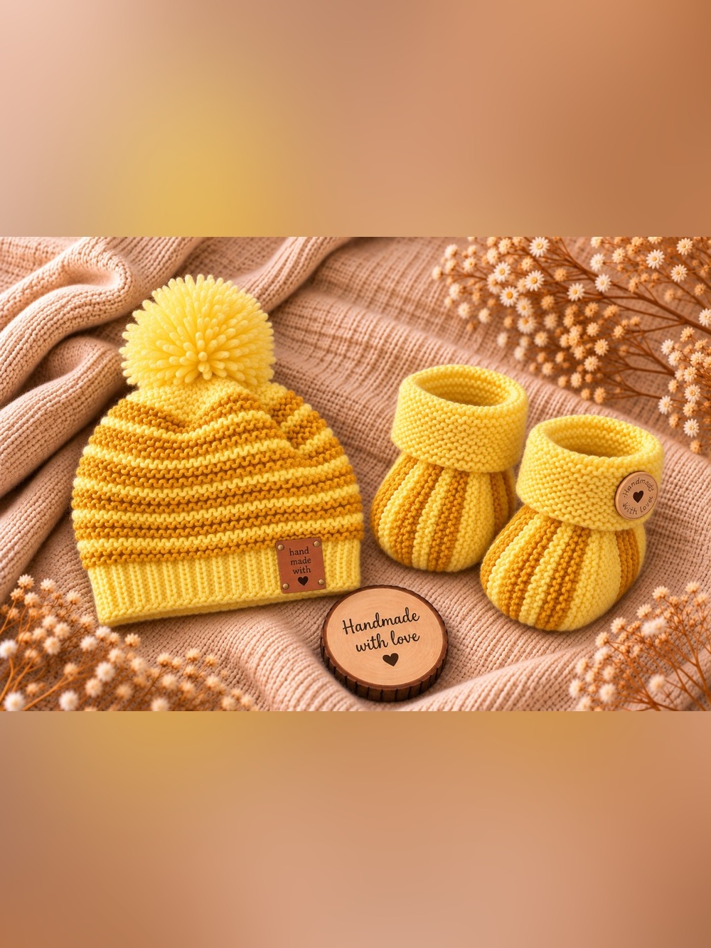 Handmade Yellow Knit Baby Hat with Pom & Matching Booties